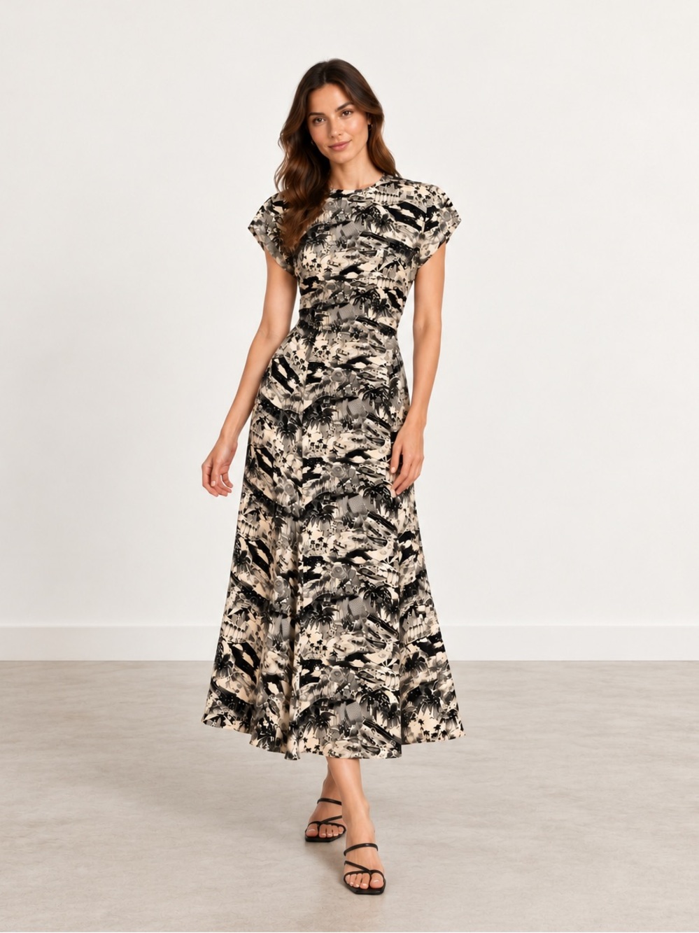 Reformation Gavin Dress Size 10 Black Cream Toile Scenic Midi